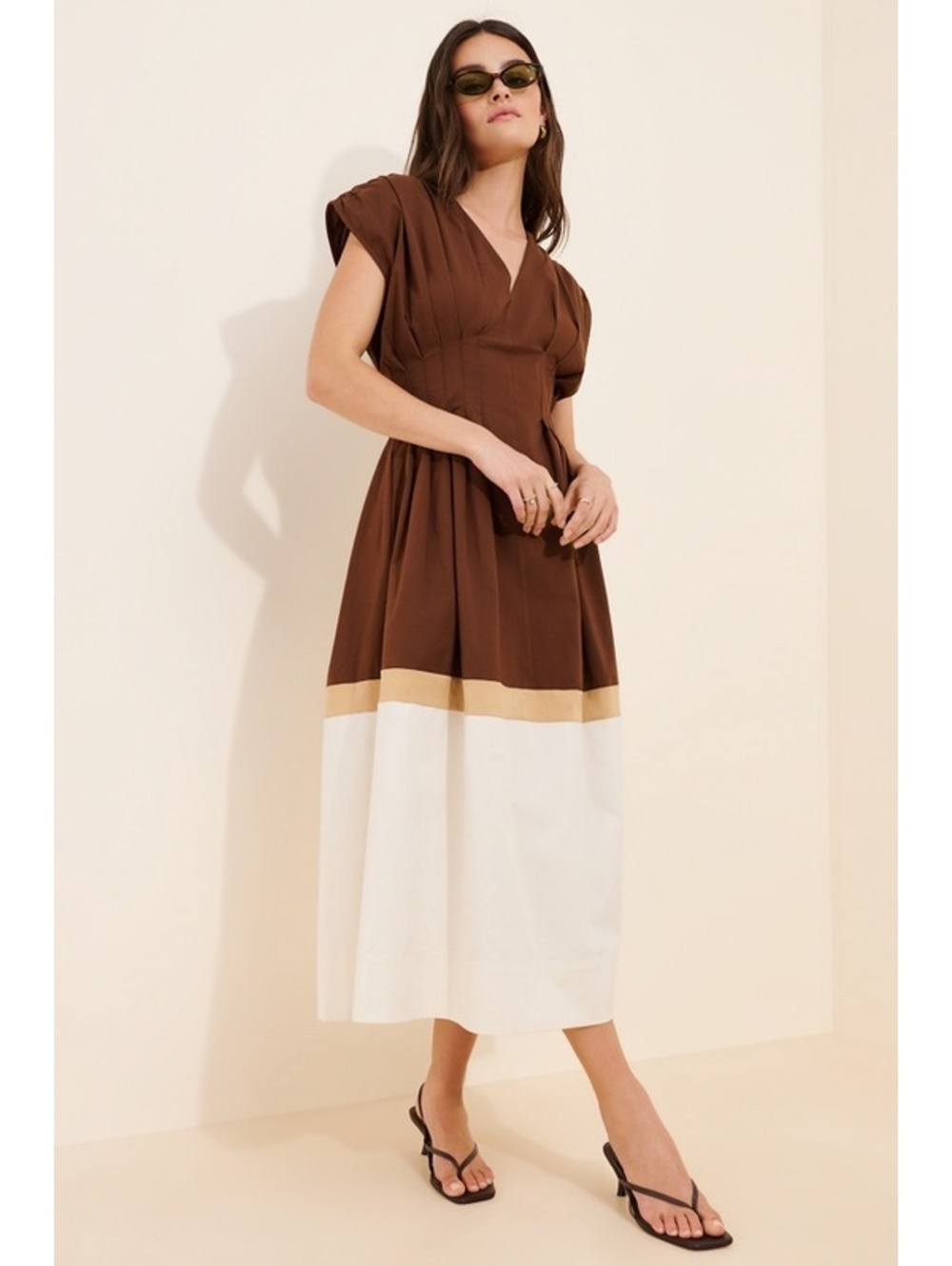 EXQUISE Pleated Short-Sleeve Twofer Midi Dress